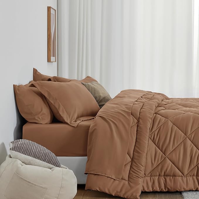 Love's cabin Queen Comforter Set Mocha Mousse, 7 Pieces Queen Bed in a Bag, All Season Bedding Sets with 1 Comforter, 1 Flat Sheet, 1 Fitted Sheet, 2 Pillowcase and 2 Pillow Sham