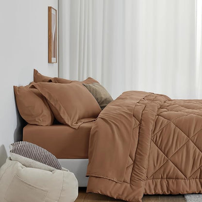 Love's cabin California King Comforter Set Mocha Mousse, 7 Pieces California King Bed in a Bag, All Season Bedding Sets with 1 Comforter, 1 Flat Sheet, 1 Fitted Sheet, 2 Pillowcase and 2 Pillow Sham