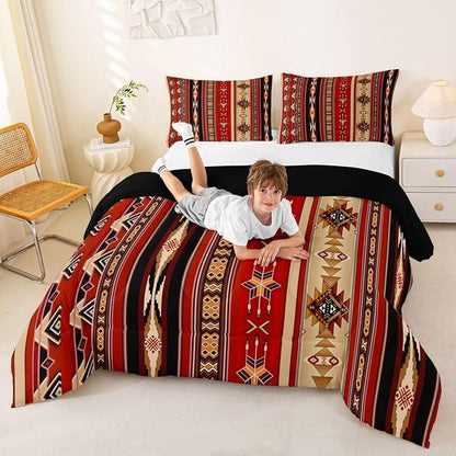 Erosebridal Aztec Quilt Ethnic Tribal Arrow Comforter Set,Retro Southwest Native Bohemian Bedding Set King,Western Star Geometric Sriped Duvet Insert African Tribe Exotic Nordic Style,Red and Black
