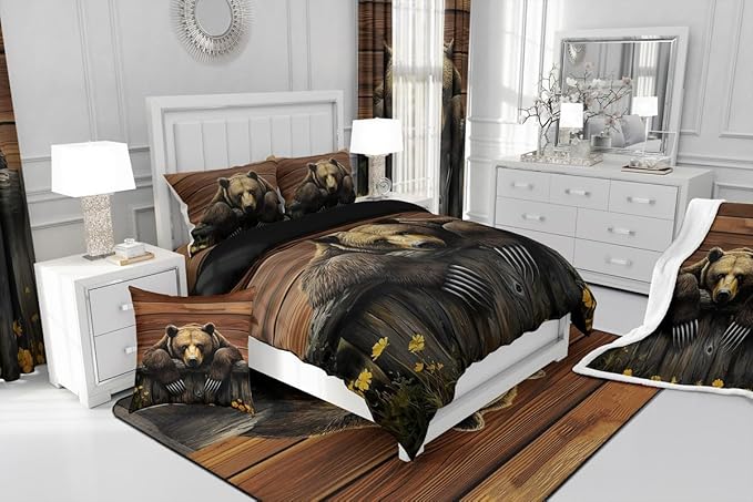 Feelyou Kids Bear Comforter Set Twin Size Rustic Cabin Country Bedding Set for Boys Girls Wood Farmhouse Comforter Adult Duvet Set,1 Comforter+ 1 Pillow Shams,Brown Yellow