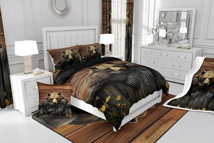 Feelyou Kids Bear Comforter Set Toddler Size Rustic Cabin Country Bedding Set for Boys Girls Wood Farmhouse Comforter Adult Duvet Set,1 Comforter+ 1 Pillow Shams,Brown Yellow