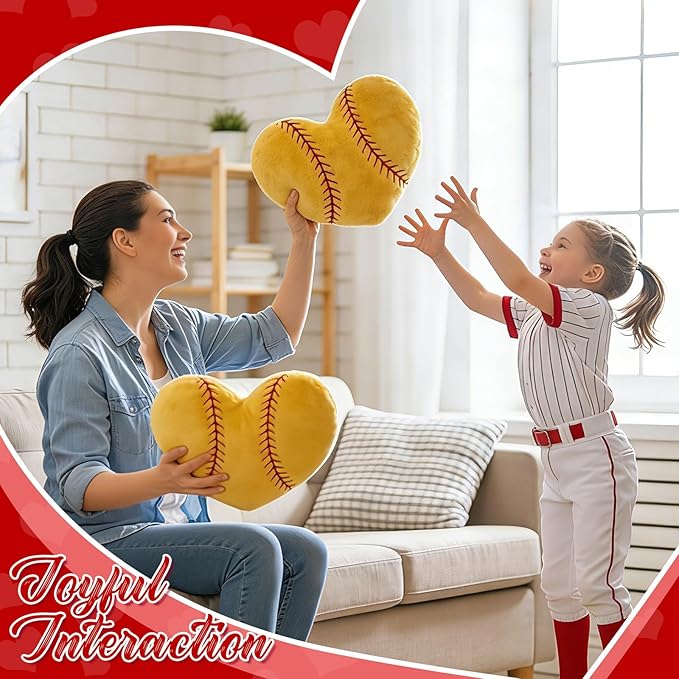 2Pcs Softball Throw Pillow, 11 in Soft Embroidered Fluffy Softball Pillow, Stuffed Plush Heart Shape Softball Pillow for Bedrooom Couch Bed Decoration, Gift for Softball Lover Player Team