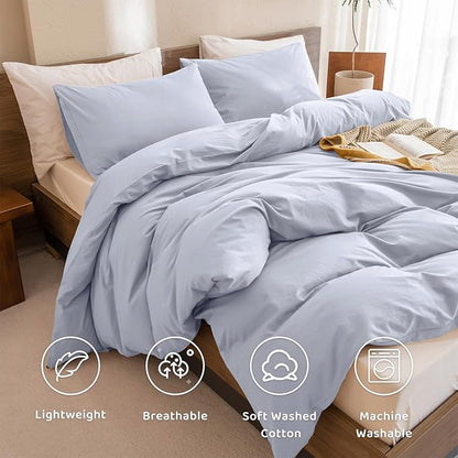 Sanracie Cotton Comforter Set Queen,Linen Like Textured Bedding Comforter for Queen Size Bed 3pcs(1 Solid Comforter Cornflower Blue and 2 Pillowcases) Soft Lightweight Bedding Set