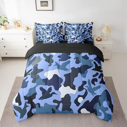 Erosebridal Hunting 7 Piece Bed Set King Size Camouflage Bedding for Kids Boys Men Army Wild Duck Bed in A Bag Sheet Set Vintage Blue Black Bedroom Decor Wild Animal Duck Rustic Comforter Set