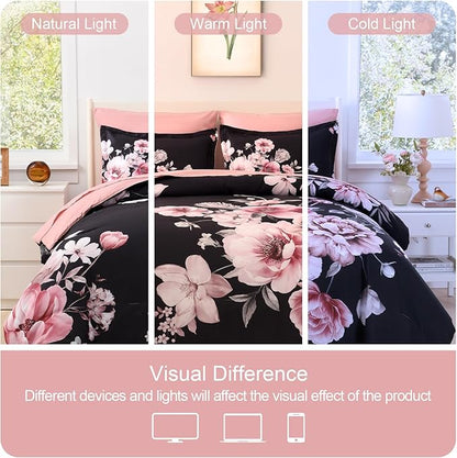Floral King Size Comforter Set - 7 Piece Botanical Black and Pink Bed in a Bag Ulter Soft Microfiber Bedding Set, Lightweight Bed Comforter Set with Sheets for All Season (Black, King)