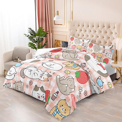 Kawaii Comforter Set for Girls Kids Kawaii Cat 3 Pieces Bedding Set Queen Size,Cartoon Strawberry Bed Set Quilts Set Lightweight Soft Microfiber Warm Down Alternative All Season With 2 Pillowcase