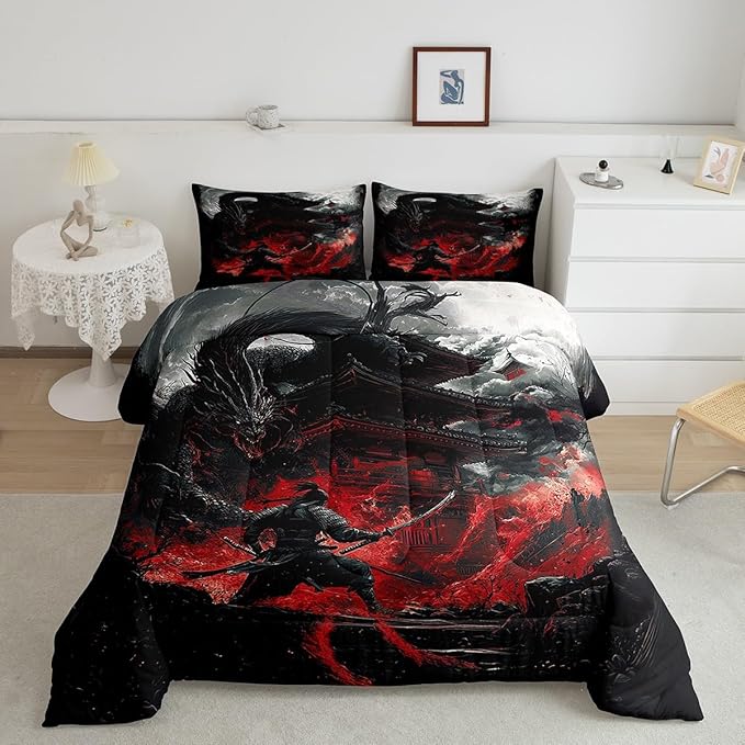 Feelyou Dragon Comforter Set Twin Size Japanese Style Comforter for Boys Girls Teens Samurai Bedding Set Dragon Decor Duvet Set Room Decor Black Red Quilt Set