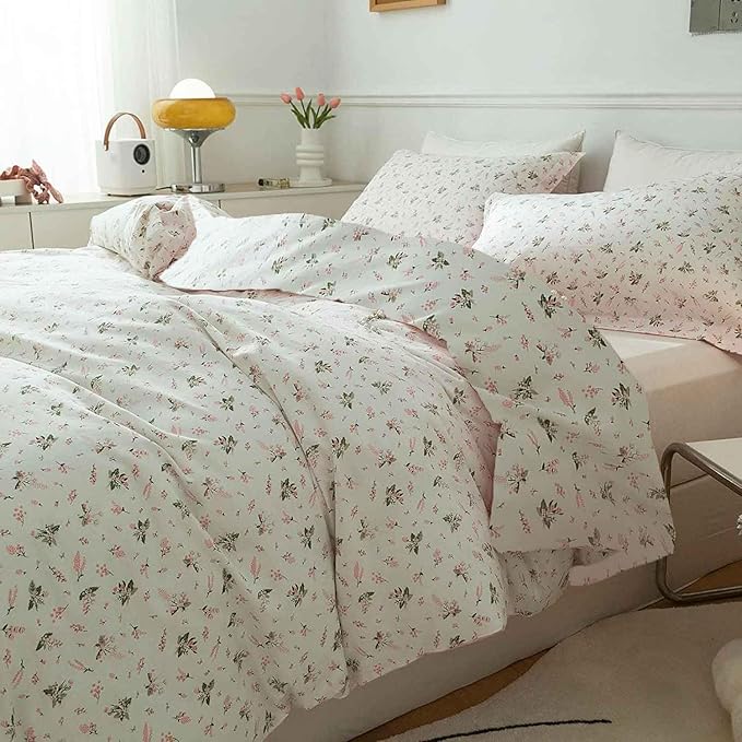 Faincy Floral Queen Size Comforter Set, Pink White Flower Leaf Pattern Printed Preppy Alternative Bedding Sets - 90 x 90 inch 3 PCs Soft Microfiber Duvet Modern Vintage Bed in a Bag for Women Men