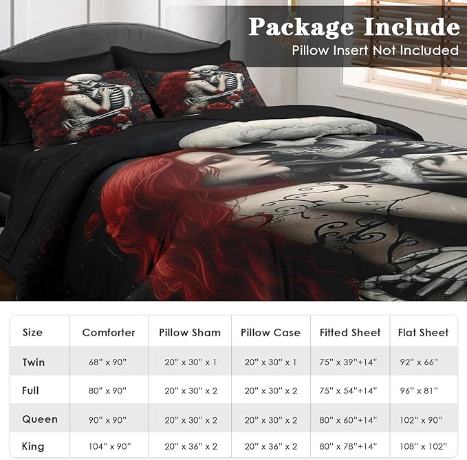 Comforter Set King Size, Death Skeleton Black 7 Pcs Bedding for Kids and Adults, Lover Rose Bed Sheet Sets with Fitted Sheet 2 Pillowcases & 2 Shams for Bedroom Bed Decor
