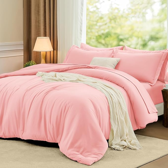 FUANNA Full Size Comforter Sets Pink, 7 Pieces Soft Bed in a Bag Full, All Season Lightweight Bed Sets with Comforter, Flat Sheet, Fitted Sheet, Pillowcases & Shams