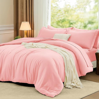 FUANNA Full Size Comforter Sets Pink, 7 Pieces Soft Bed in a Bag Full, All Season Lightweight Bed Sets with Comforter, Flat Sheet, Fitted Sheet, Pillowcases & Shams