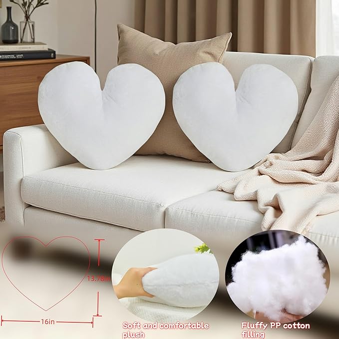 2 Pcs Heart Pillow Decorative Throw Pillows 16-inch Cute Soft Fluffy Heart Shaped Pillows for Bed Couch Sofa Bedroom Living Room Decor Aesthetic (White, 16"x13.78")