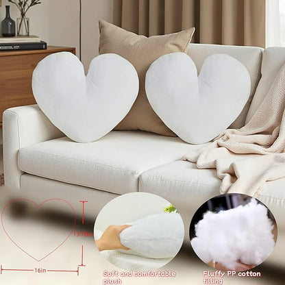 2 Pcs Heart Pillow Decorative Throw Pillows 16-inch Cute Soft Fluffy Heart Shaped Pillows for Bed Couch Sofa Bedroom Living Room Decor Aesthetic (White, 16"x13.78")