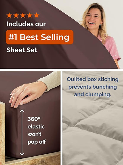 Full Comforter Set - 5 Piece Bed in a Bag Full Size Bed Set - Down Alternative Comforter, Flat Sheet, Fitted Sheet, Pillowcase & Shams for All Seasons - Ultra Soft, Comfy and Breathable - Brown/Beige