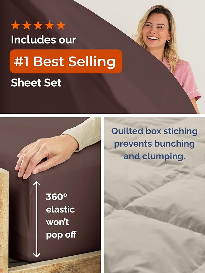 Queen Comforter Set - 7 Piece Bed in a Bag Queen Size Bed Set - Down Alternative Comforter, Flat Sheet, Fitted Sheet, Pillowcase & Shams for All Seasons - Ultra Soft, Comfy & Breathable - Brown/Beige