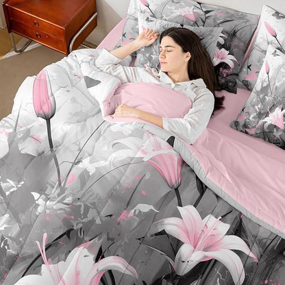 Feelyou Girls Lily Flower Comforter Set with Sheets Queen Size 7 Pieces Kids Pink Floral Bedding Set for Boys Women Teens Simple Modern Abstract Art Bed in a Bag Room Decor