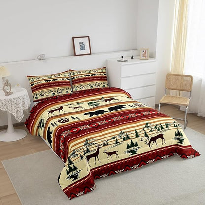 Feelyou Bohemian Deer Bedding Sets Twin Bear Wildlife Hunting Theme Comforter Cabin Decor Boho Western Duvet Insert for Adult Women Men Retro Boho Wildlife Down Comforter Geometric Quilt 2Pcs