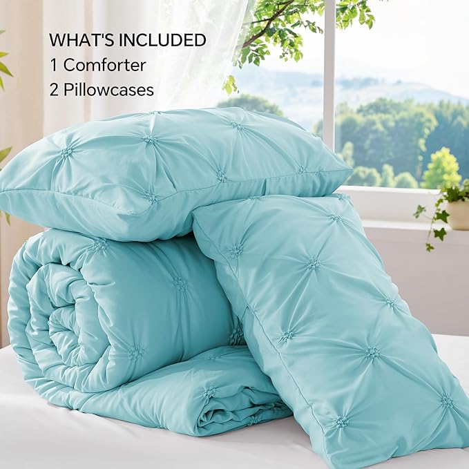 BEDELITE Macaron Blue Queen Comforter Set - 3 Pieces Boho Pintuck Bedding Comforter Sets, Lightweight Soft & Warm Bed Comforter Queen with 2 Pillowcases for All Season