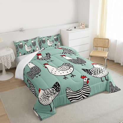 Erosebridal Chicken Comforter, Cartoon Chick Bedding Set, Cute Farmhouse Animal Down Comforter Twin Size, Teal Black Quilted Duvet Lightweight Bedroom Decor for Kids Boys Girls, 1 Pillow Case