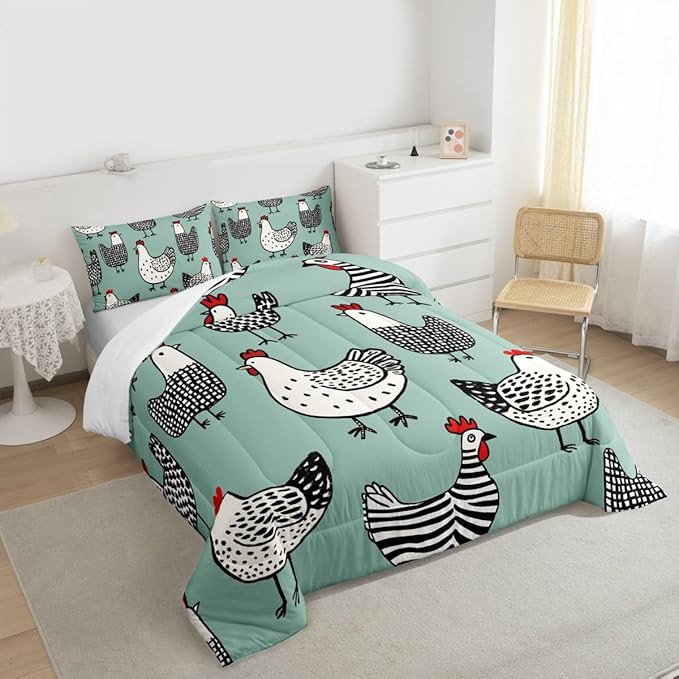 Erosebridal Chicken Comforter Set, Cartoon Chick Bedding Set King Size, Cute Farmhouse Animal Down Comforter for Children Young, Teal Black Bedding Sets & Collections Warm Soft Bedroom Decor