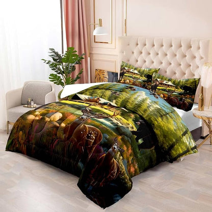 LUVIVIHOME 3PCS Rustic Bear Moose Deer Comforter Set Full Size, Cabin Bedding, Green Forest Animals Mallard Duck Wildlife Hunting Hunter Country Lodge Rustic Farmhouse Bedroom Decor, 2 Pillow Shams