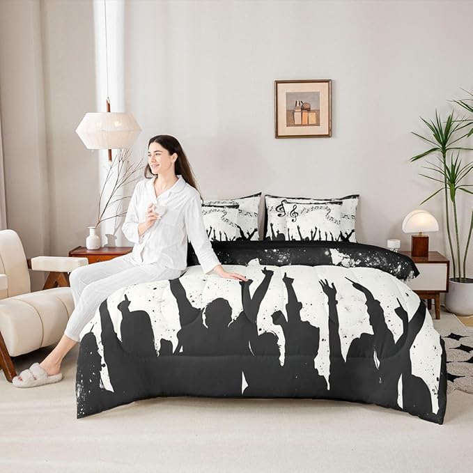 Erosebridal Music Stave Note Black Beige King 7-Piece Comforter Set | Swirl Guitar Piano Sheets and Pillowcases Aesthetic Kids Bed in A Bag Adults Women Men Bed Sets