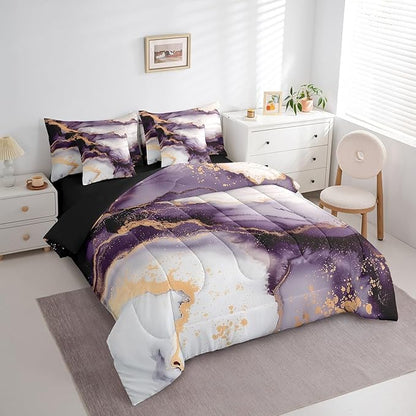 Erosebridal Purple Marbling Bedding Queen Size 7-Piece Watercolor Aesthetic Comforter Set, Foil Print Marble Bedding Comforter Sets Modern Abstract Art Bed in a Bag, Gold Metallic Bedding Accessories