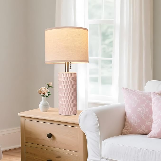 20.5" Modern Ceramic Table Lamps for Bedroom Set of 2, Bedside Lamps for Night Stands with Beige Lampshade, Farmhouse Table Lamp for Living Room Office Dorm, Pink