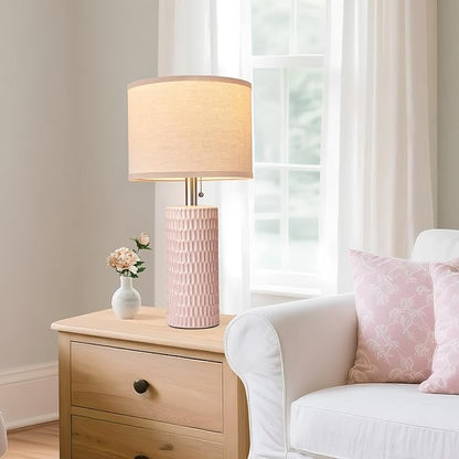 20.5" Modern Ceramic Table Lamps for Bedroom Set of 2, Bedside Lamps for Night Stands with Beige Lampshade, Farmhouse Table Lamp for Living Room Office Dorm, Pink