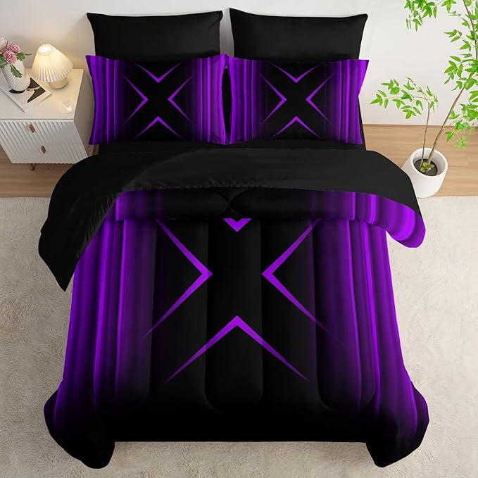 Purple and Black Geometric Comforter Set Full Size 7Pieces,3D Abstract Mordern Printed Bedding Set for Adults,Geometric Mordern Decor All Seasons with Pillowcases,Flat, Fitted Sheet