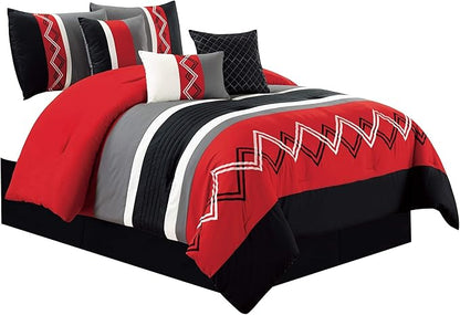 Chezmoi Collection Arden 7-Piece Modern Pleated Stripe Embroidered Zigzag Bedding Comforter Set (Full, Red/Black/Gray/Off-White)