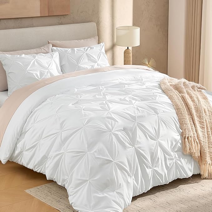 Andency White California King Comforter Set (104x96Inch), 3 Pieces Cute Pinch Pleat Cal King Bedding Comforters & Sets, Oversized Pintuck Soft Down Alternative Bed Set for All Season
