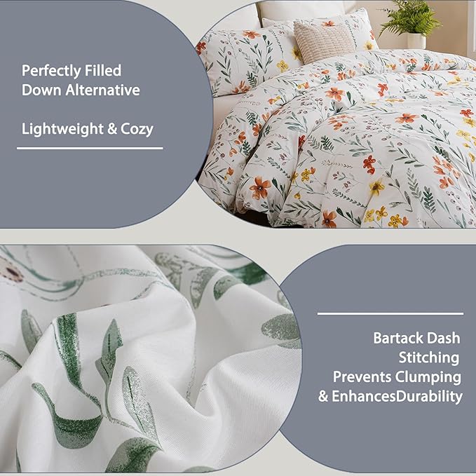 Floral Comforter Set King Size, 100% Nature Cotton 3 Pcs Garden Floral Aesthetic Bedding Set Ultra Soft&Breathable Cottagecore Botanical Comforter