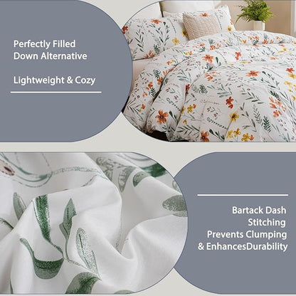 Floral Comforter Set King Size, 100% Nature Cotton 3 Pcs Garden Floral Aesthetic Bedding Set Ultra Soft&Breathable Cottagecore Botanical Comforter