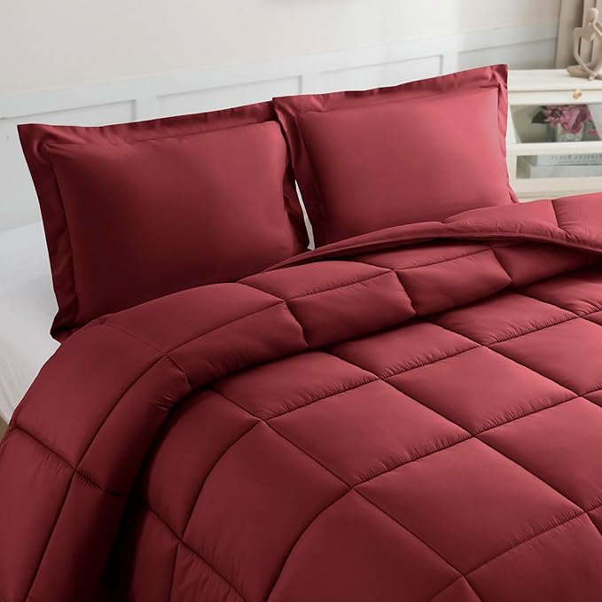 Elegant Comfort 3-Piece Box Stitched Down Alternative Comforter with Shams - Ultra Soft for All Season Duvet Insert with Corner Tabs, Plush Cozy 3PC Comforter Set, King, Burgundy