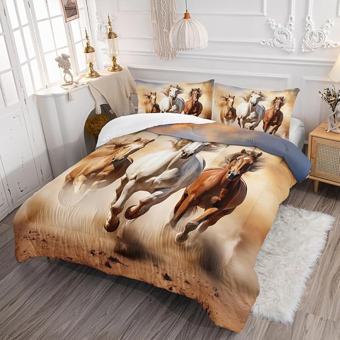 Kid Galloping Horse Comforter Set Twin Animal Theme Handsome Horse Bedding Set Wild Animal Grey Sky Sand Decor Quilt Bed Set for Boys Girls Adult, 1 Comforter + 2 Pillowcases