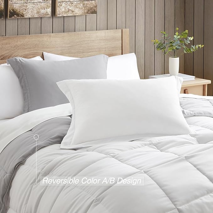 satisomnia Queen Comforter Set, White Grey Bedding Comforters Queen Size, 3 Pieces Down Alternative Bed Comforter Lightweight, Soft Quilted Bed Set Breathable, Reversible All Season Bedding Sets