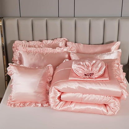 Satin Comforter Set with Sheet Set Queen 8 Pieces Silk Like Pink Bedding Set Silky Ruffle Pattern Luxury Silky Comforter Set with 1 Cushion Cover