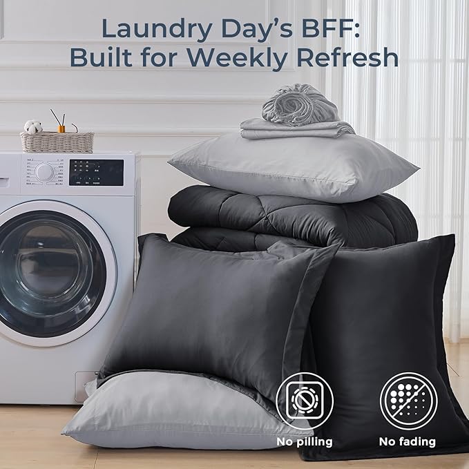 HEVUMYI Cali-King Comforter Set - 7-Piece All Season Bed in a Bag Cali-King, Ultra Soft Bedding Set with Comforter, Flat Sheet, Fitted Sheet, Pillowcases, Pillow Shams, Dark Grey & Light Grey