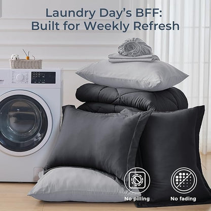 HEVUMYI Queen Comforter Set - 7-Piece All Season Bed in a Bag Queen, Ultra Soft Bedding Set with Comforter, Flat Sheet, Fitted Sheet, Pillowcases, Pillow Shams, Dark Grey & Light Grey