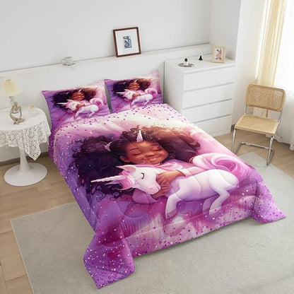 Black Cartoon Girl Comforter Set King Size,Cute Unicorn Castle Princess Bedding Set,Girls Women Room Decor,Girls African Glitter Sequins Down Comforter,Purple Romantic Duvet Insert,2 Pillowcases