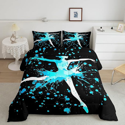 Erosebridal Girls Gymnastics Bedding Set - Blue Tie Dye Queen Size Comforter Set with Down Comforter for Gymnast Kids & Teens - Dance Room Decor & Sport Game Duvet Set