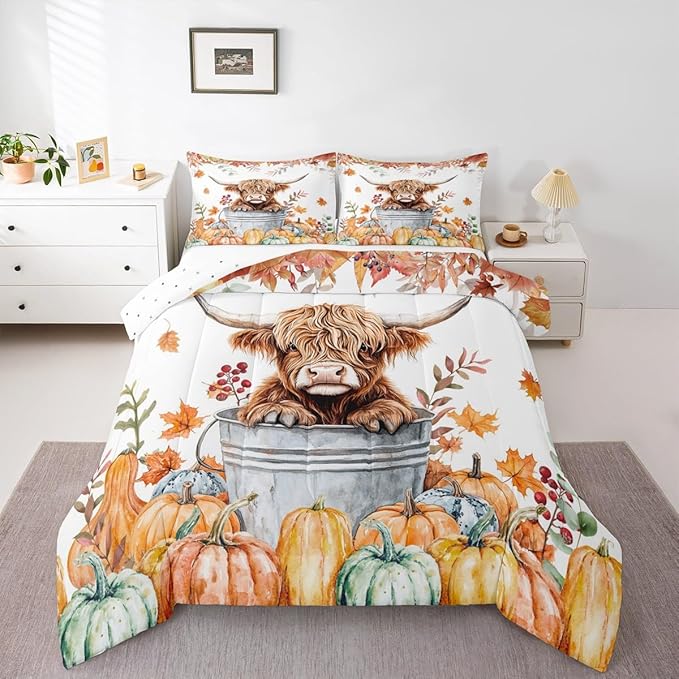 Highland Cow Bedding Set Toddler Size Cute Farm Animals Rustic Comforter Set for Kids Teens Bedroom Decor Fall Maple Leaf Pumpkin Soft Polyester Quilt Duvet Orange Duvet Insert,1 Pillowcase