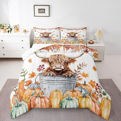 Highland Cow Bedding Set Toddler Size Cute Farm Animals Rustic Comforter Set for Kids Teens Bedroom Decor Fall Maple Leaf Pumpkin Soft Polyester Quilt Duvet Orange Duvet Insert,1 Pillowcase