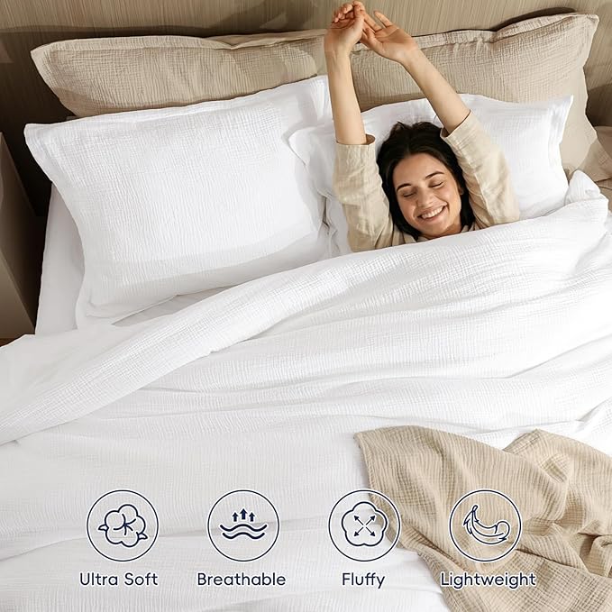 PHF Cotton Muslin Comforter Set Twin – 100% Cotton Cover, Ultra Soft & Breathable, 2PCS Lightweight All-Season Bedding with Polyester Fill, 1 Comforter 68"x90" & 1 Pillow Sham 20"x26", White
