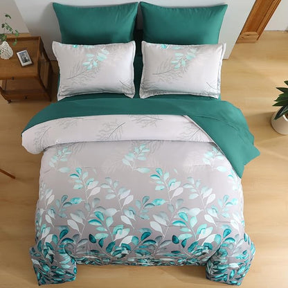 Anibedding 7 Pieces Teal Green King Bed in a Bag Set, Green Botanical Gradient Leaves Ultra Soft Microfiber Down Alternative Bedding Set with Sheets and Bedroom for All Season