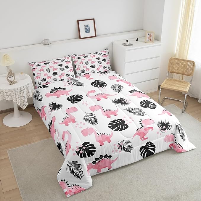 Cartoon Pink Dinosaur Twin Size Comforter Set,Watercolor Cute Animals Duvet Set Soft Bed Collection,Palm Leaf Tropical Plants Bedding Comforter for Boys Girls Bedroom,2 Pcs