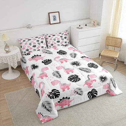 Cartoon Pink Dinosaur Twin Size Comforter Set,Watercolor Cute Animals Duvet Set Soft Bed Collection,Palm Leaf Tropical Plants Bedding Comforter for Boys Girls Bedroom,2 Pcs