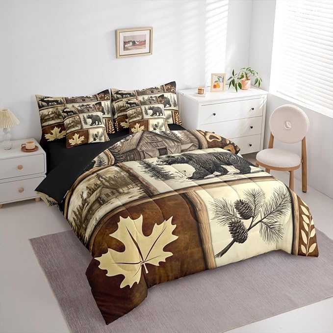Erosebridal Hunting Bear Deer Bedding Set (Twin Size,7 Pieces) | Rustic Cabin Lodge Comforter Set with Sheets Country Patchwork Plaid Bed in A Bag Rural Maple Bear Paw Print Quilt Duvet Insert