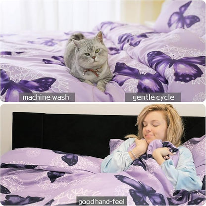 ARTALL Bed in A Bag Twin Size 6 Pieces, Purple Butterfly All Season Bedding Comforter Bed Set with Pillow Sham, Flat Sheet, Fitted Sheet, Bed Skirt, Pillowcase